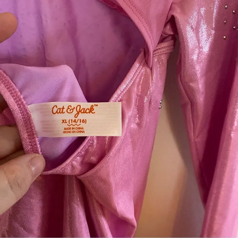 cat & Jack long sleeve leotard XL 14/16 pink sparkly cut out back